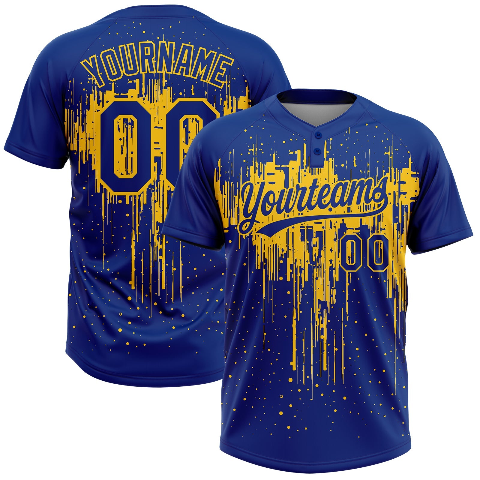 Custom Royal Yellow 3D Pattern Dripping Splatter Art Two-Button Unisex Softball Jersey - Main View