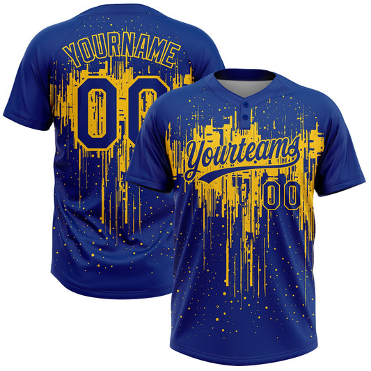 Custom Royal Yellow 3D Pattern Dripping Splatter Art Two-Button Unisex Softball Jersey - Main View