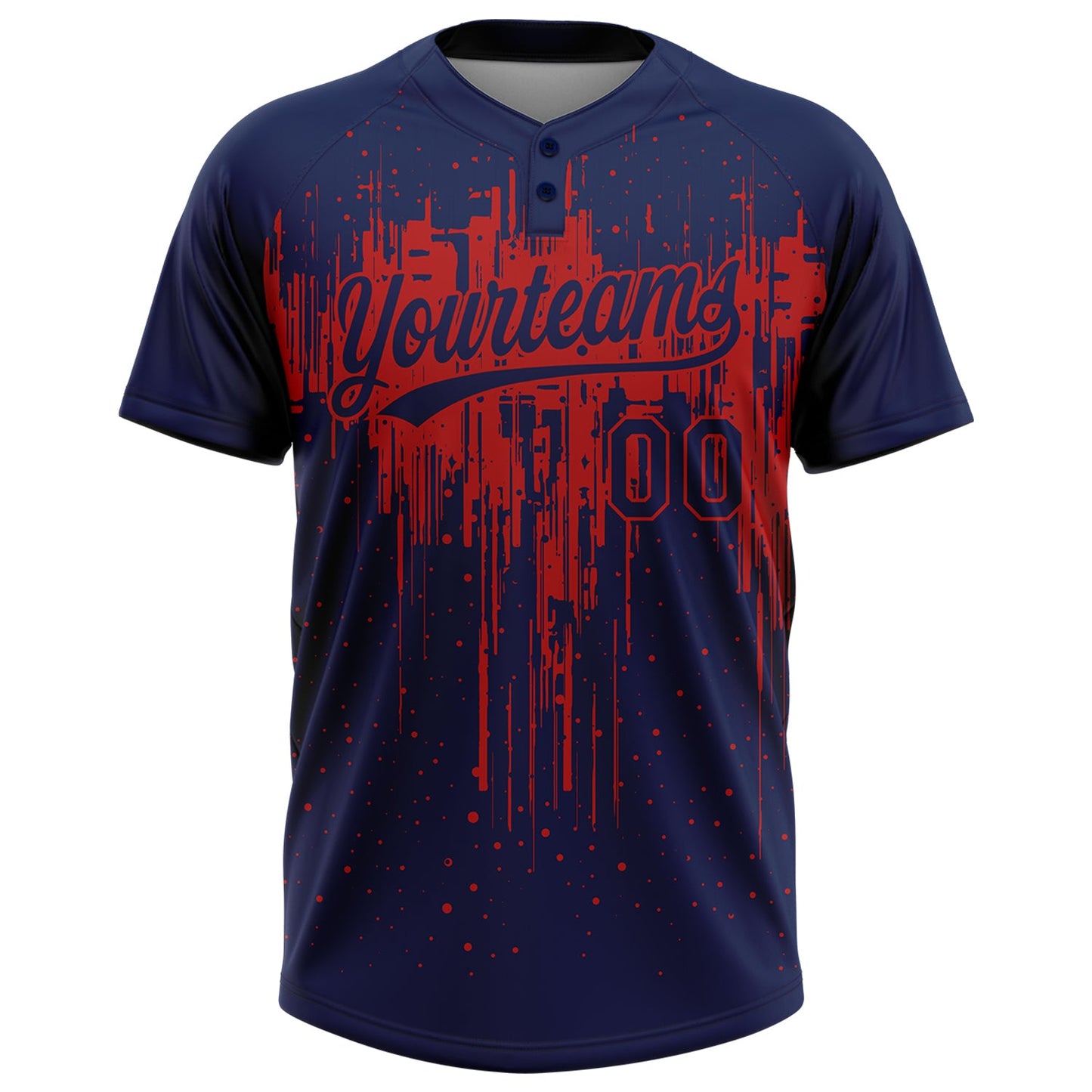 Custom Navy Red 3D Pattern Dripping Splatter Art Two-Button Unisex Softball Jersey view 2