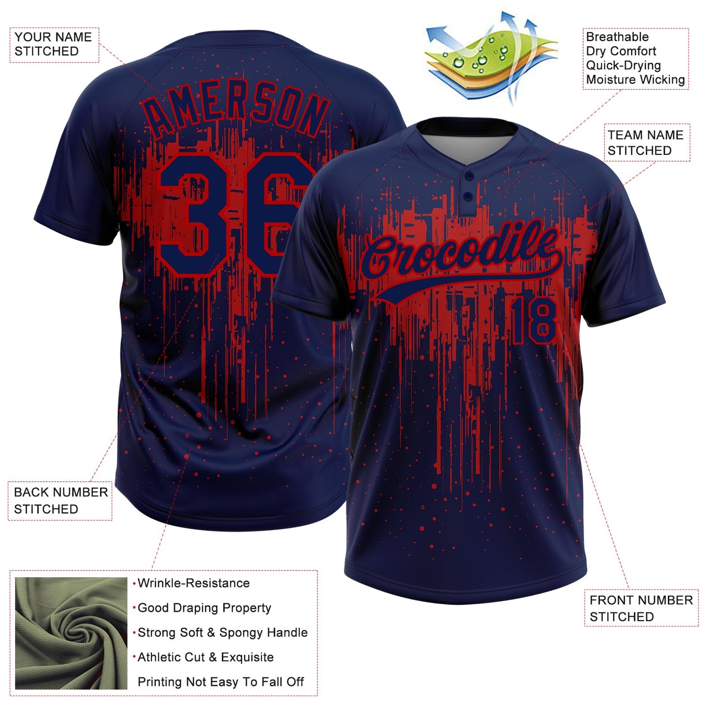 Custom Navy Red 3D Pattern Dripping Splatter Art Two-Button Unisex Softball Jersey view 3