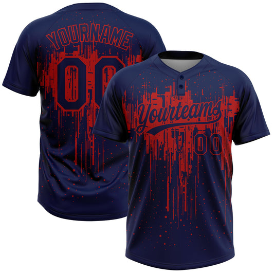 Custom Navy Red 3D Pattern Dripping Splatter Art Two-Button Unisex Softball Jersey - Main View
