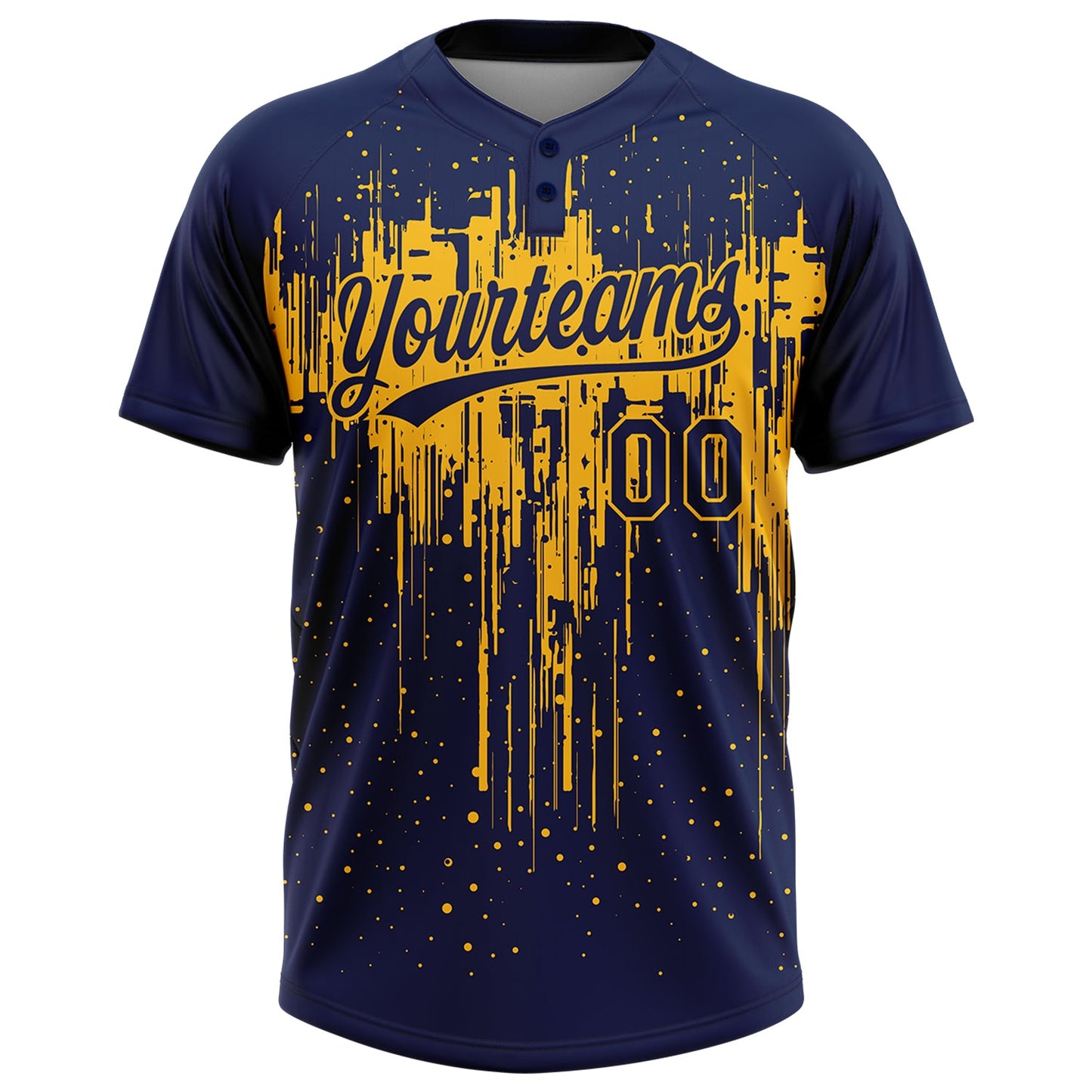 Custom Navy Gold 3D Pattern Dripping Splatter Art Two-Button Unisex Softball Jersey view 2