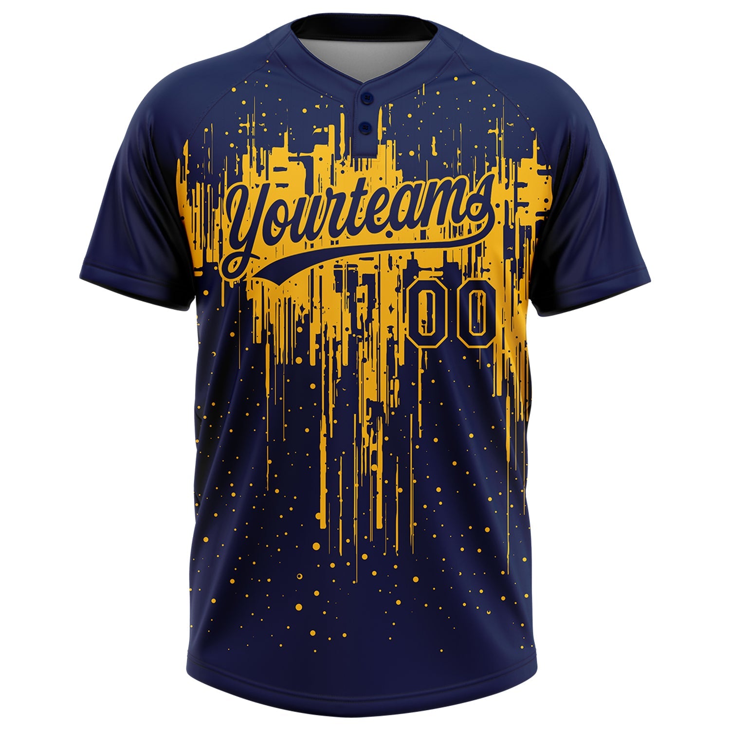 Custom Navy Gold 3D Pattern Dripping Splatter Art Two-Button Unisex Softball Jersey view 2