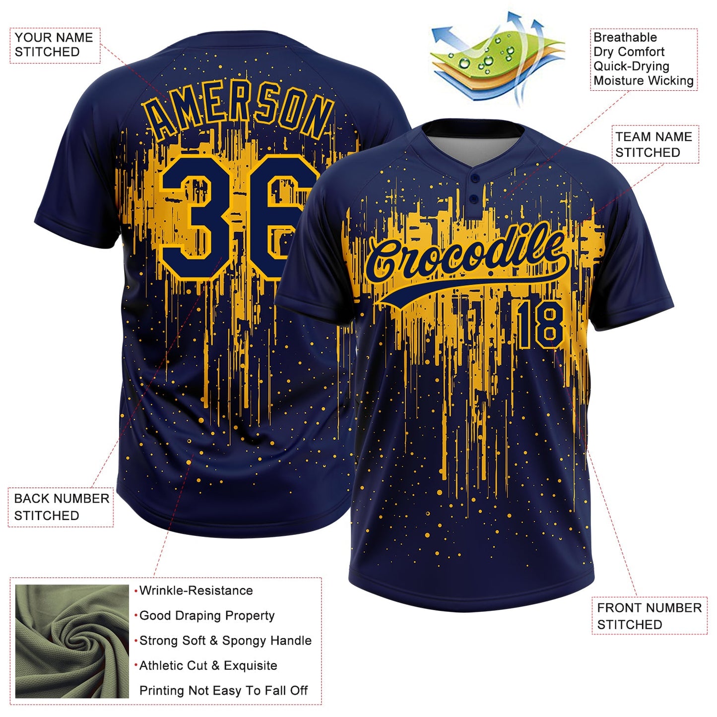 Custom Navy Gold 3D Pattern Dripping Splatter Art Two-Button Unisex Softball Jersey view 3