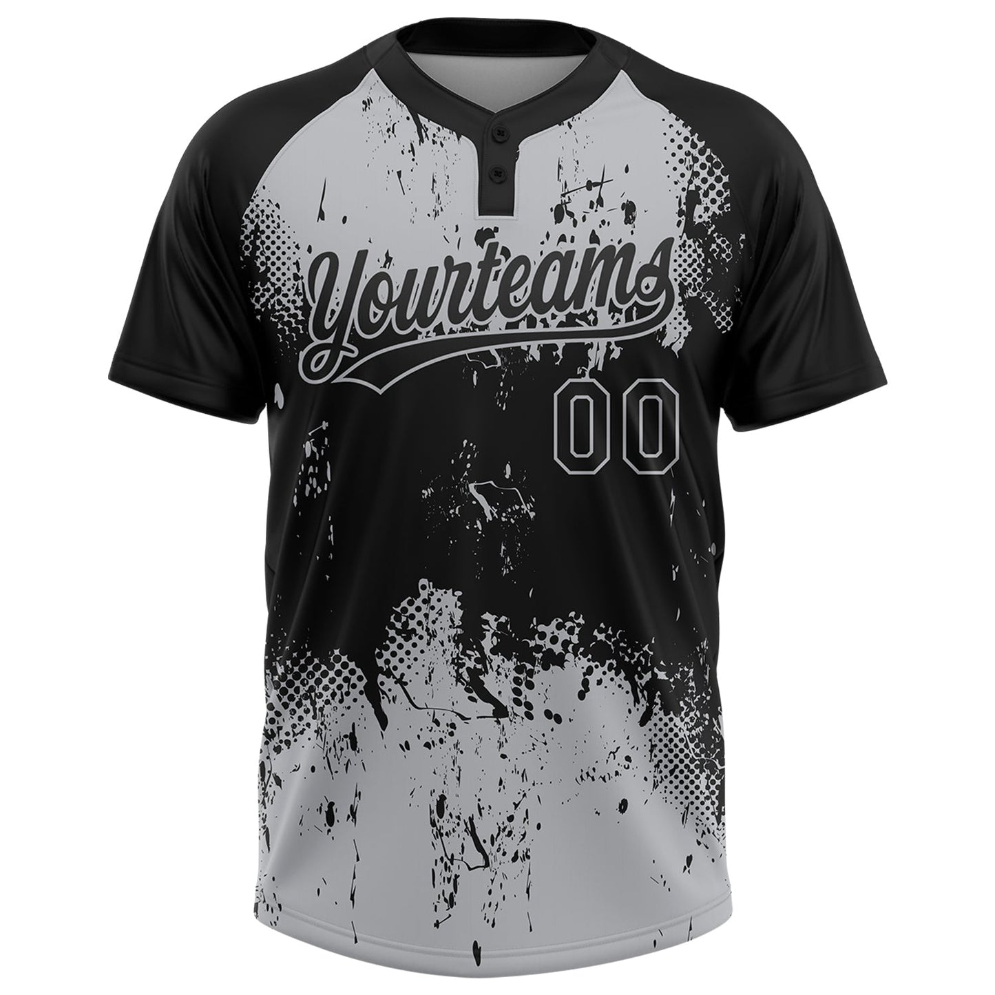 Custom Black Gray 3D Pattern Abstract Splatter Grunge Art Two-Button Unisex Softball Jersey view 2