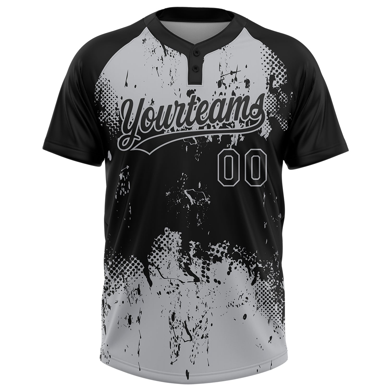 Custom Black Gray 3D Pattern Abstract Splatter Grunge Art Two-Button Unisex Softball Jersey view 2