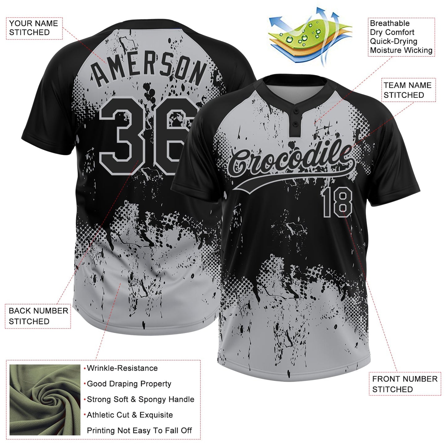 Custom Black Gray 3D Pattern Abstract Splatter Grunge Art Two-Button Unisex Softball Jersey view 3