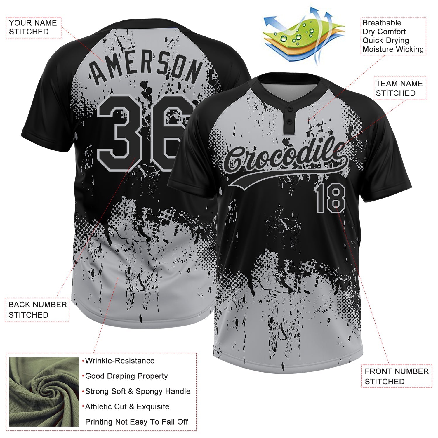 Custom Black Gray 3D Pattern Abstract Splatter Grunge Art Two-Button Unisex Softball Jersey view 3