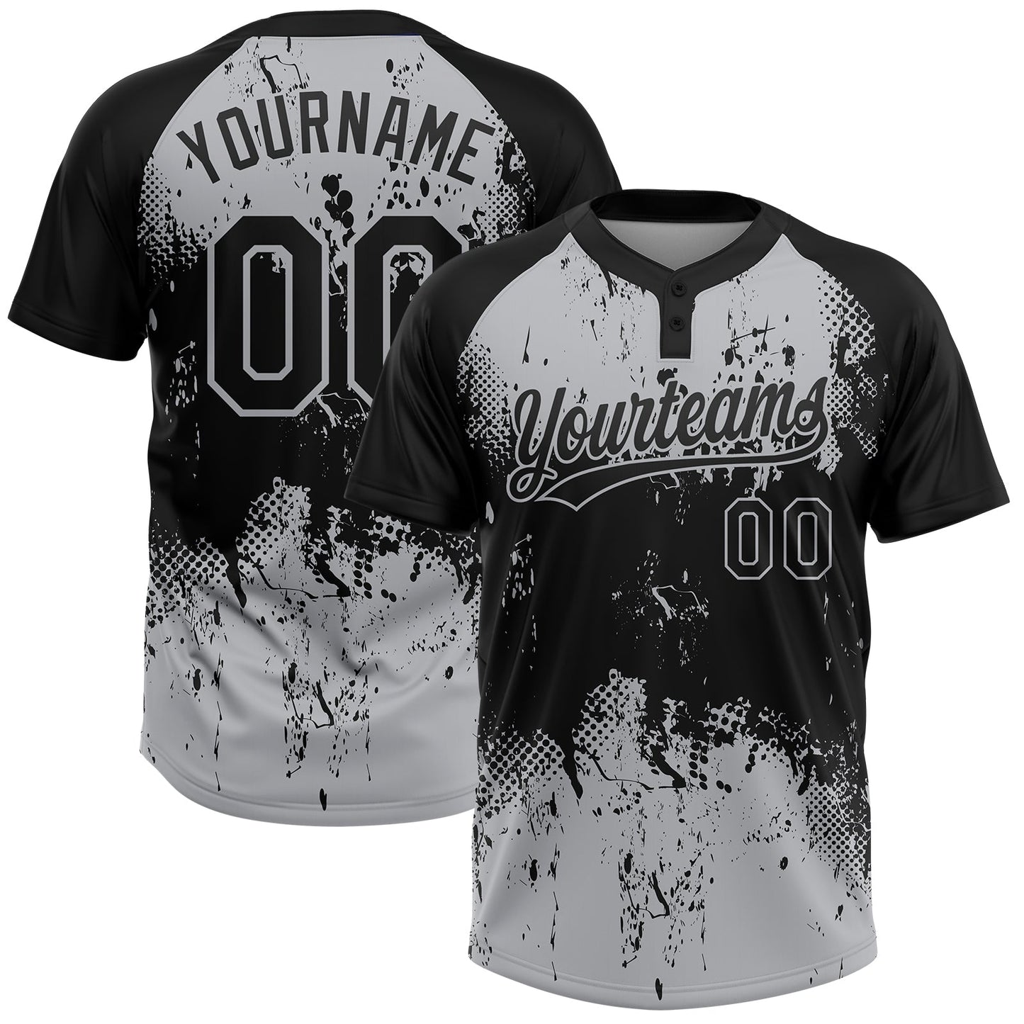 Custom Black Gray 3D Pattern Abstract Splatter Grunge Art Two-Button Unisex Softball Jersey - Main View