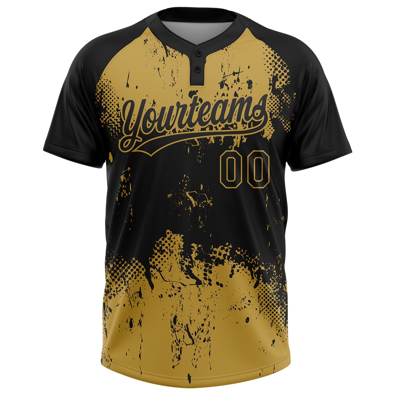 Custom Black Old Gold 3D Pattern Abstract Splatter Grunge Art Two-Button Unisex Softball Jersey view 2