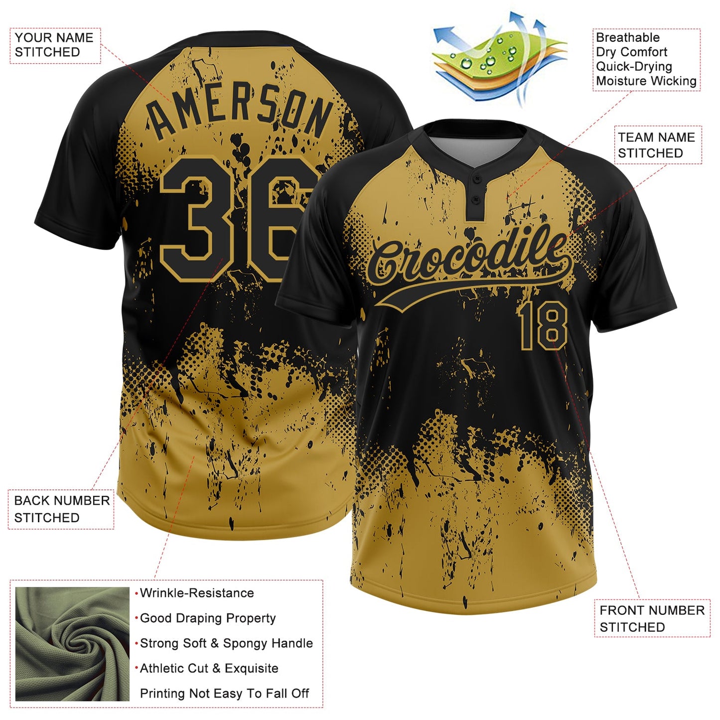 Custom Black Old Gold 3D Pattern Abstract Splatter Grunge Art Two-Button Unisex Softball Jersey view 3