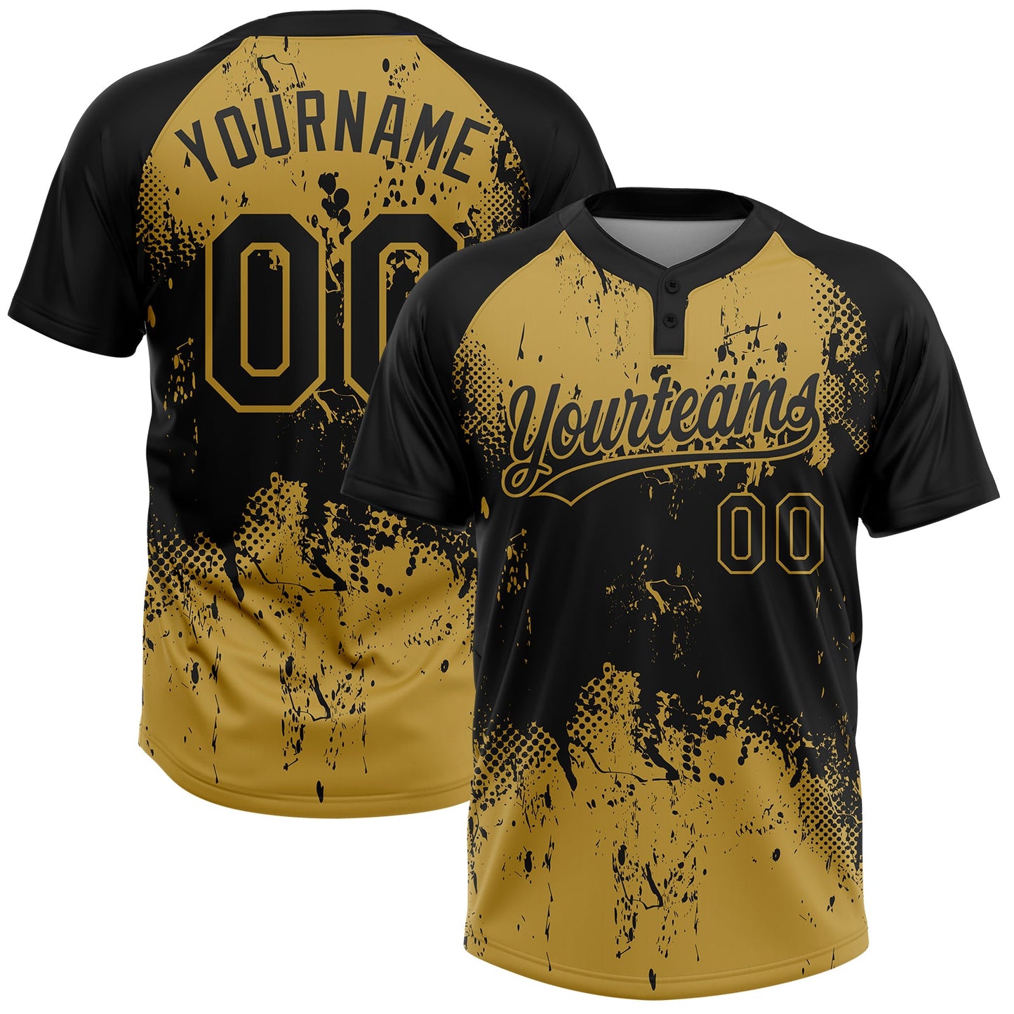 Custom Black Old Gold 3D Pattern Abstract Splatter Grunge Art Two-Button Unisex Softball Jersey - Main View