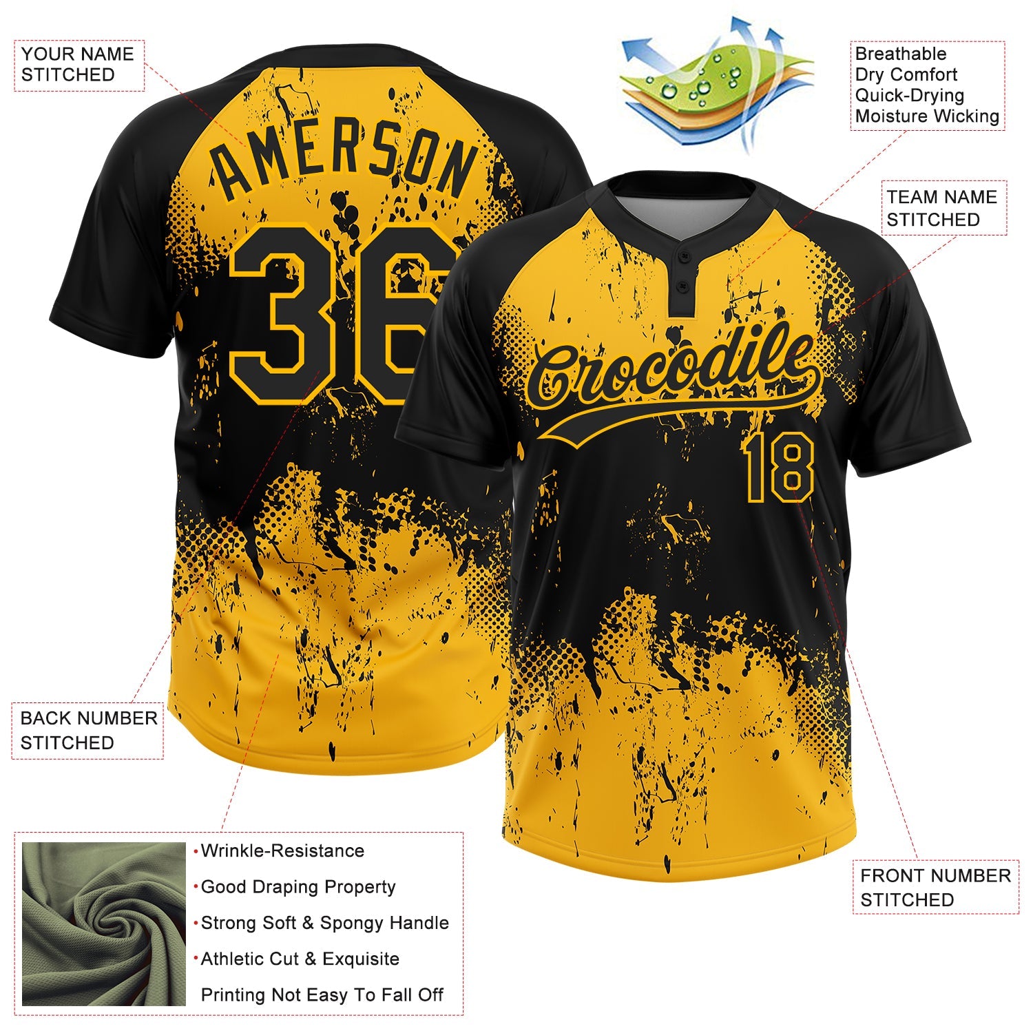 Custom Black Gold 3D Pattern Abstract Splatter Grunge Art Two-Button Unisex Softball Jersey view 3
