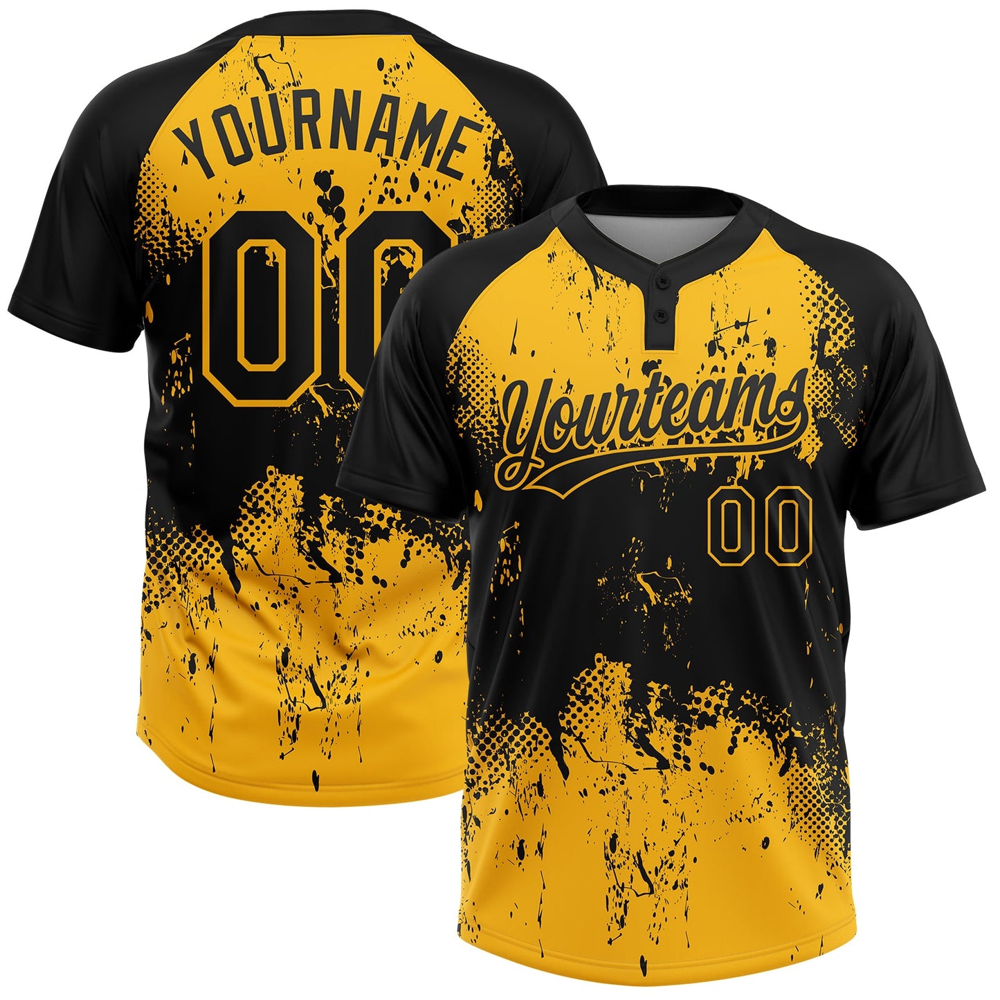 Custom Black Gold 3D Pattern Abstract Splatter Grunge Art Two-Button Unisex Softball Jersey - Main View