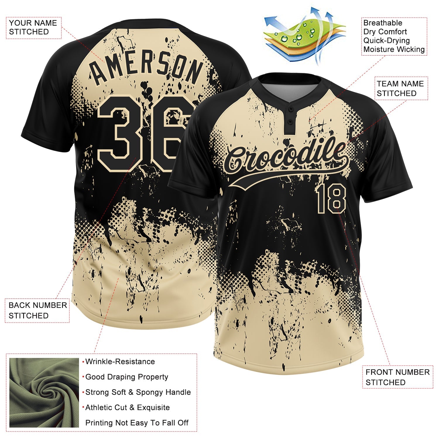 Custom Black Cream 3D Pattern Abstract Splatter Grunge Art Two-Button Unisex Softball Jersey view 3