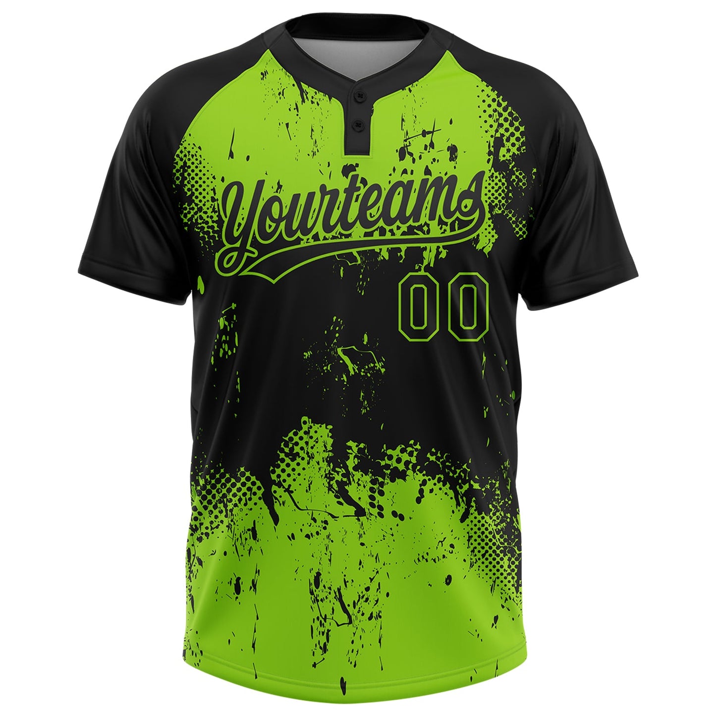 Custom Black Neon Green 3D Pattern Abstract Splatter Grunge Art Two-Button Unisex Softball Jersey view 2