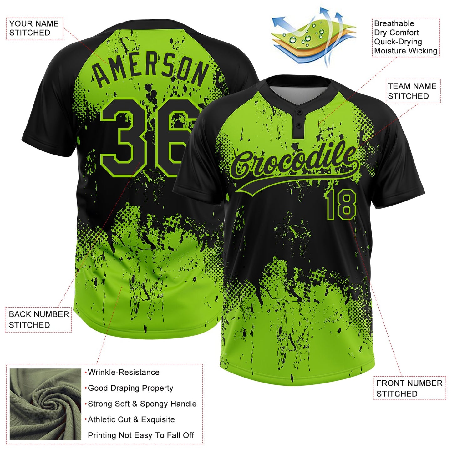 Custom Black Neon Green 3D Pattern Abstract Splatter Grunge Art Two-Button Unisex Softball Jersey view 3