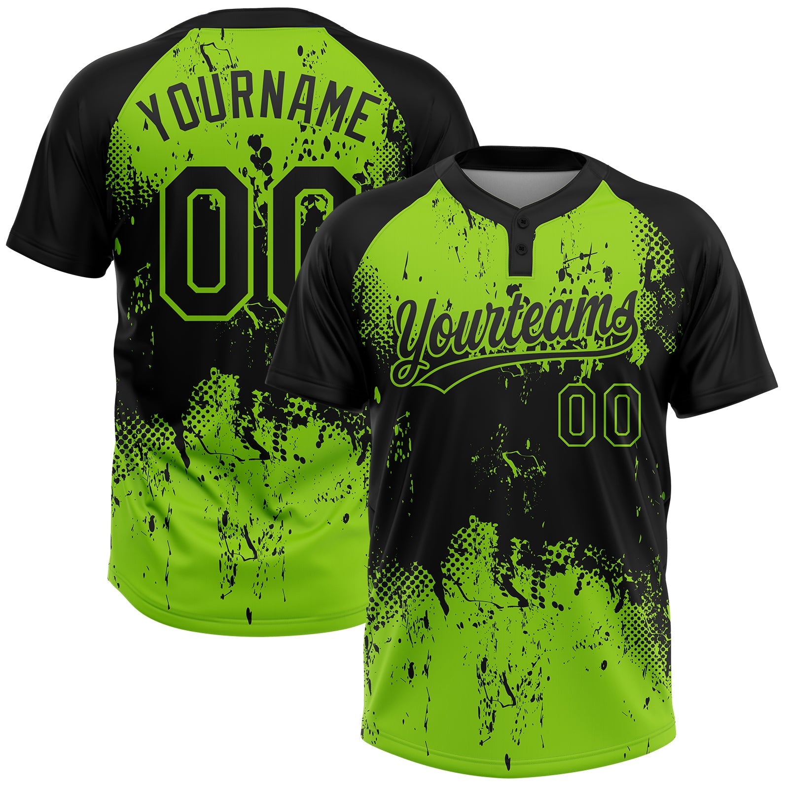 Custom Black Neon Green 3D Pattern Abstract Splatter Grunge Art Two-Button Unisex Softball Jersey - Main View
