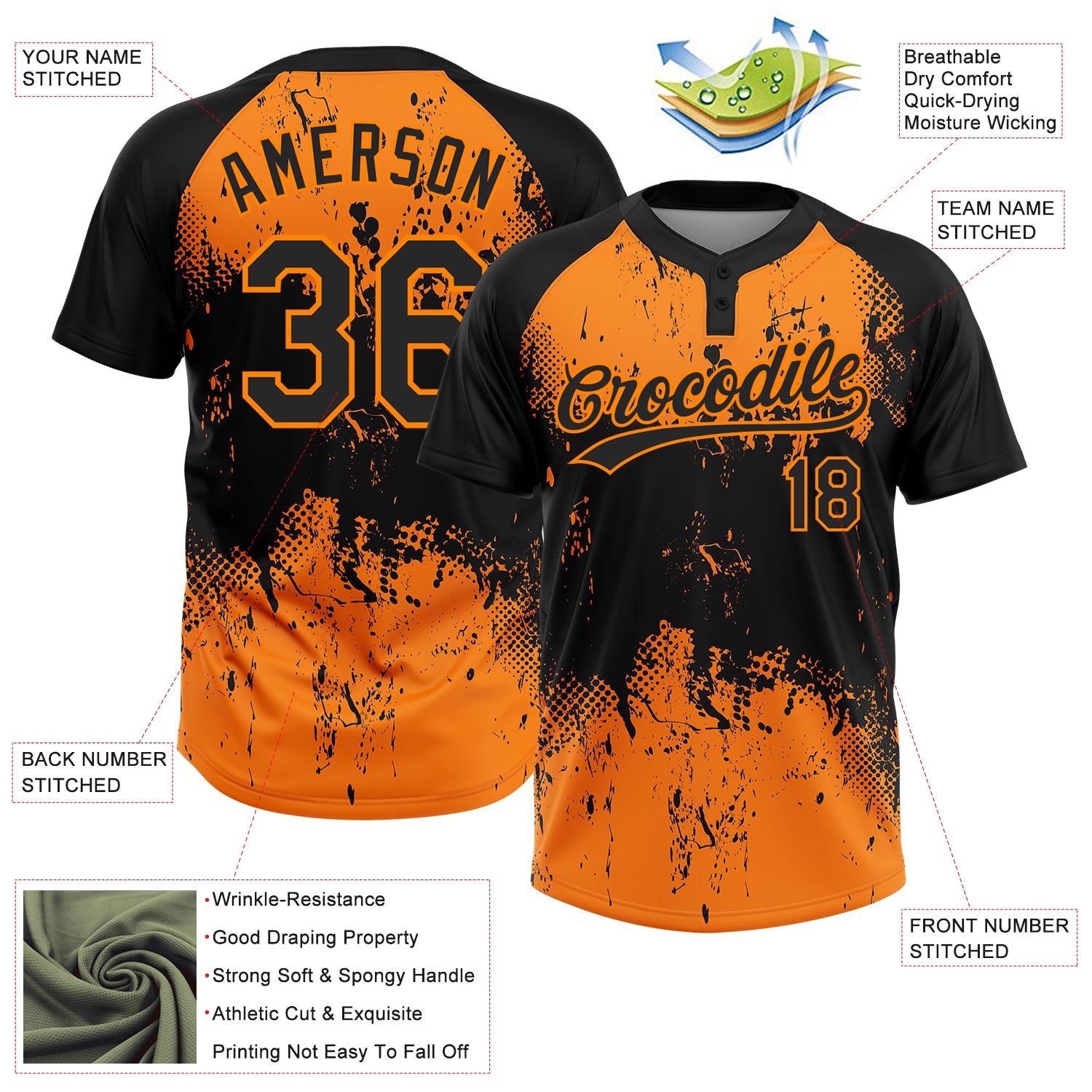 Custom Black Bay Orange 3D Pattern Abstract Splatter Grunge Art Two-Button Unisex Softball Jersey view 3