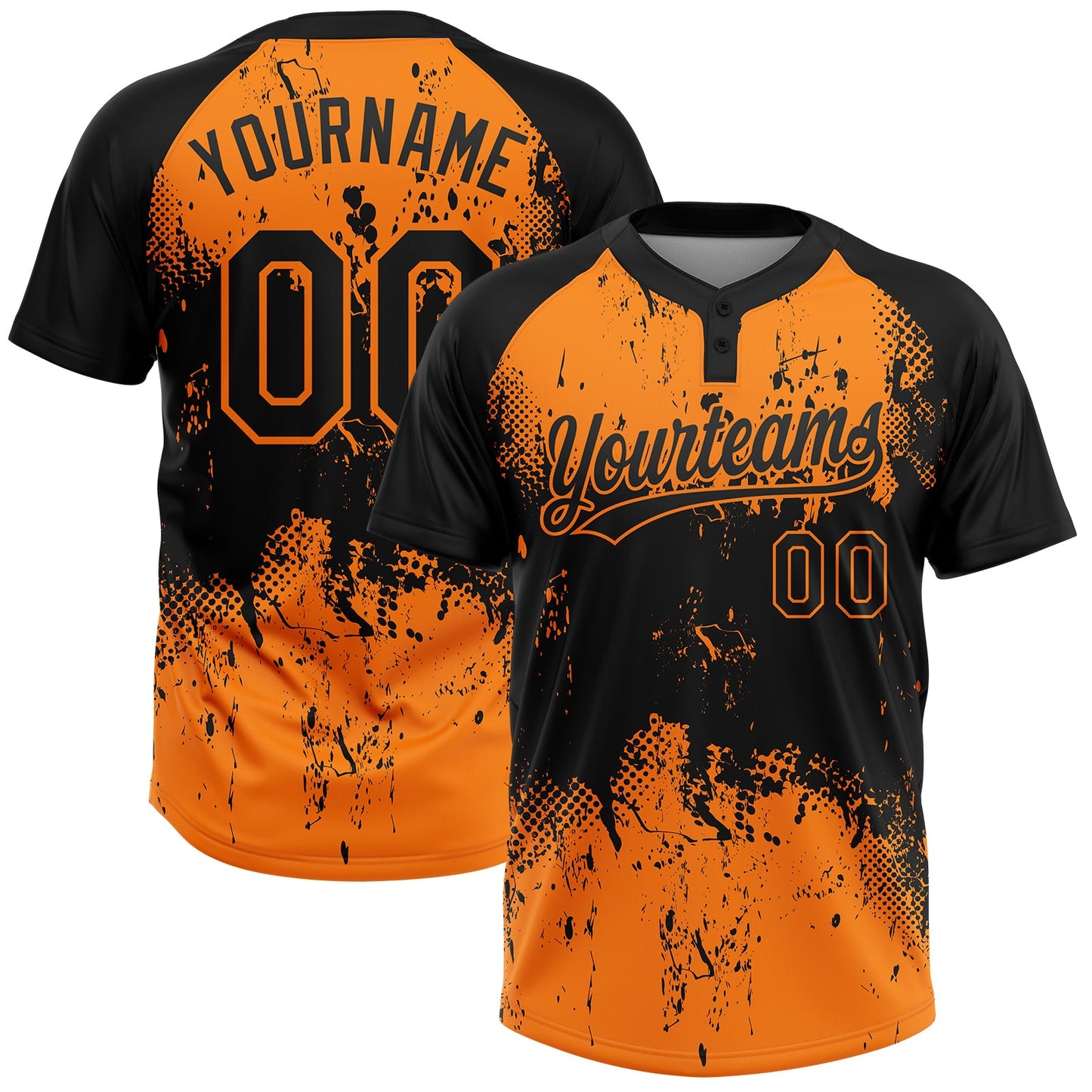 Custom Black Bay Orange 3D Pattern Abstract Splatter Grunge Art Two-Button Unisex Softball Jersey - Main View