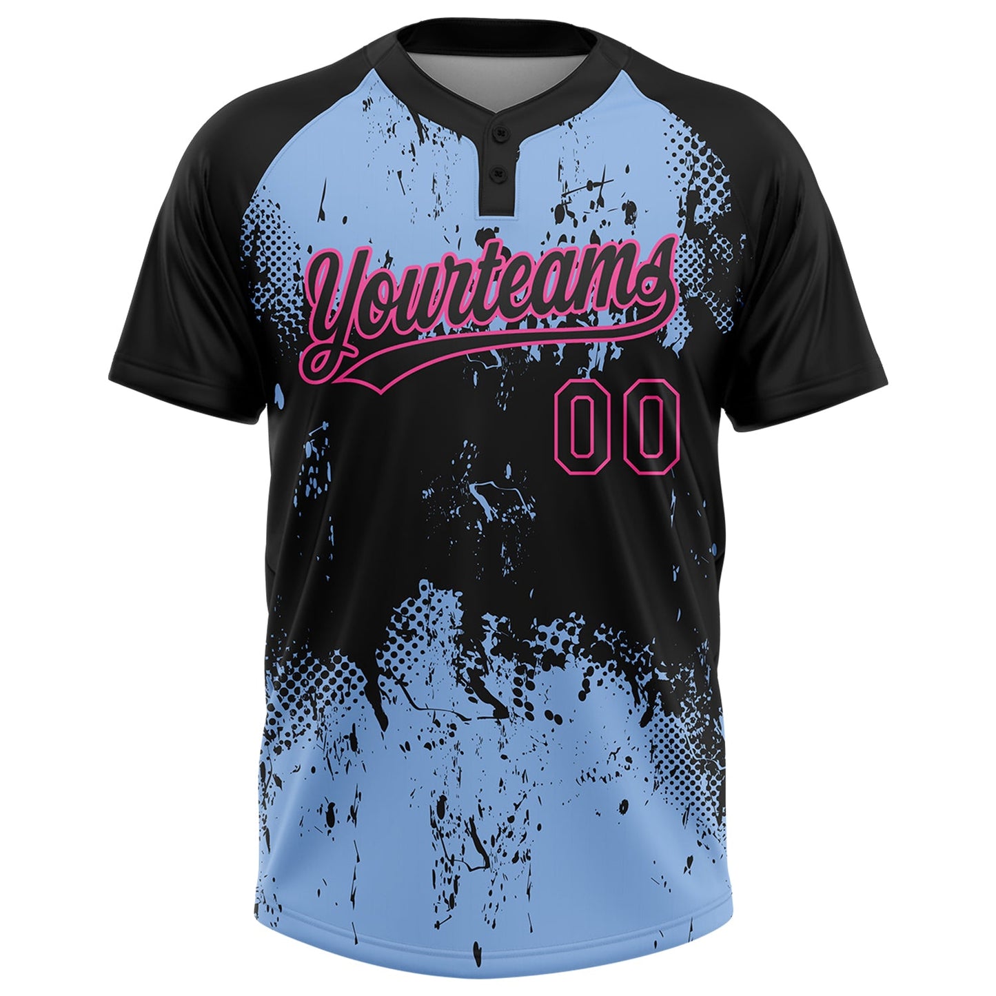 Custom Black Light Blue-Pink 3D Pattern Abstract Splatter Grunge Art Two-Button Unisex Softball Jersey view 2