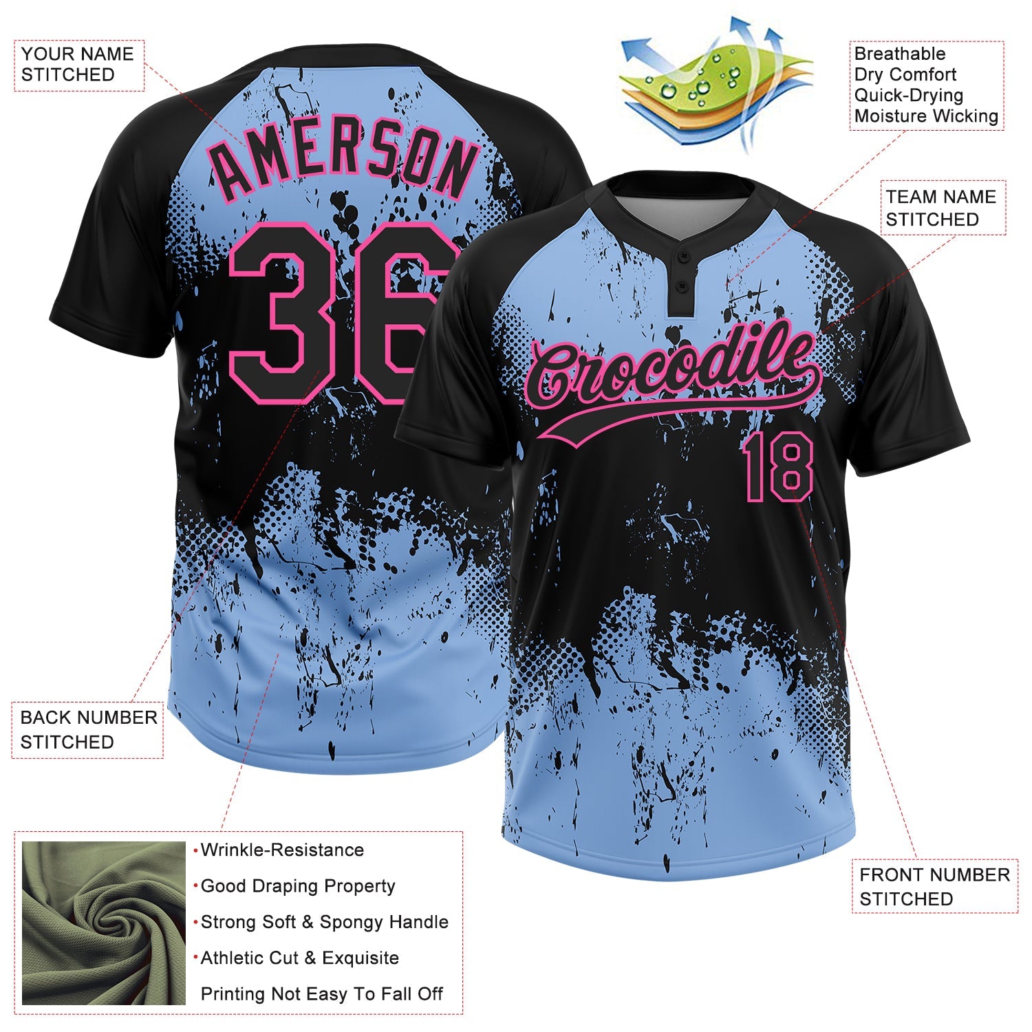 Custom Black Light Blue-Pink 3D Pattern Abstract Splatter Grunge Art Two-Button Unisex Softball Jersey view 3
