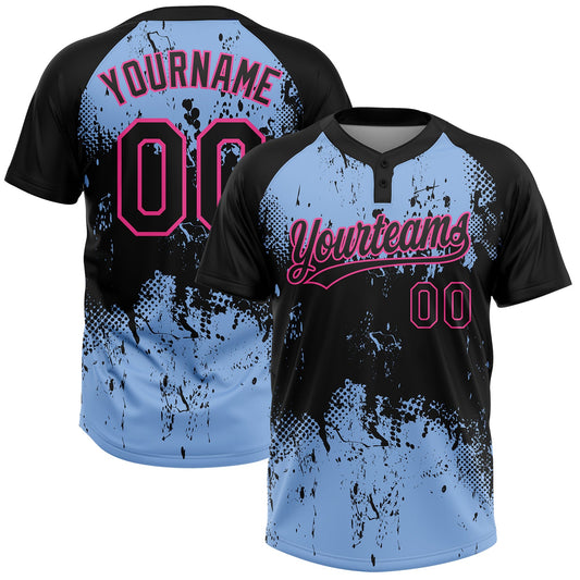 Custom Black Light Blue-Pink 3D Pattern Abstract Splatter Grunge Art Two-Button Unisex Softball Jersey - Main View