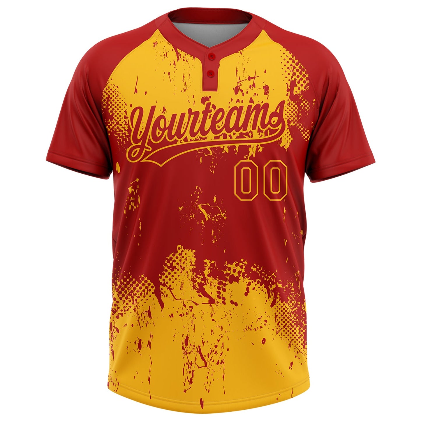 Custom Red Gold 3D Pattern Abstract Splatter Grunge Art Two-Button Unisex Softball Jersey view 2