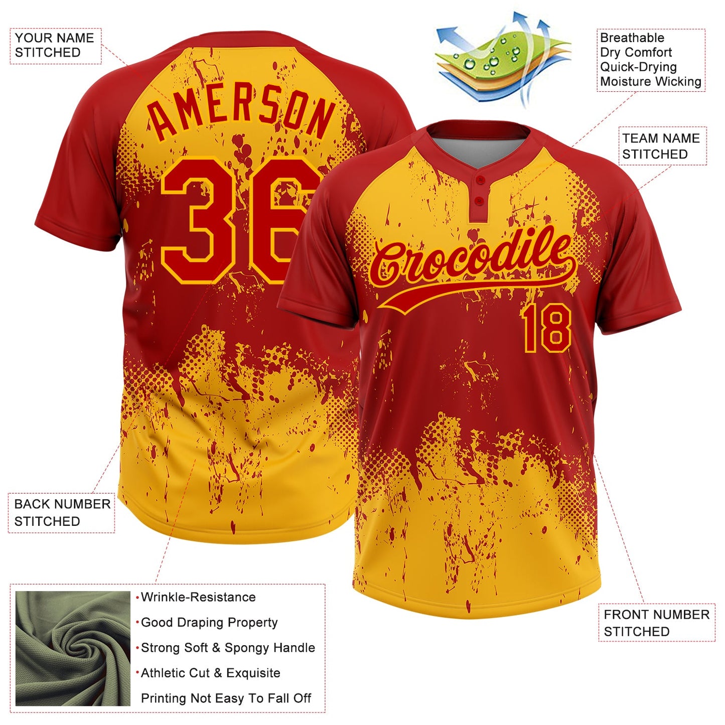 Custom Red Gold 3D Pattern Abstract Splatter Grunge Art Two-Button Unisex Softball Jersey view 3