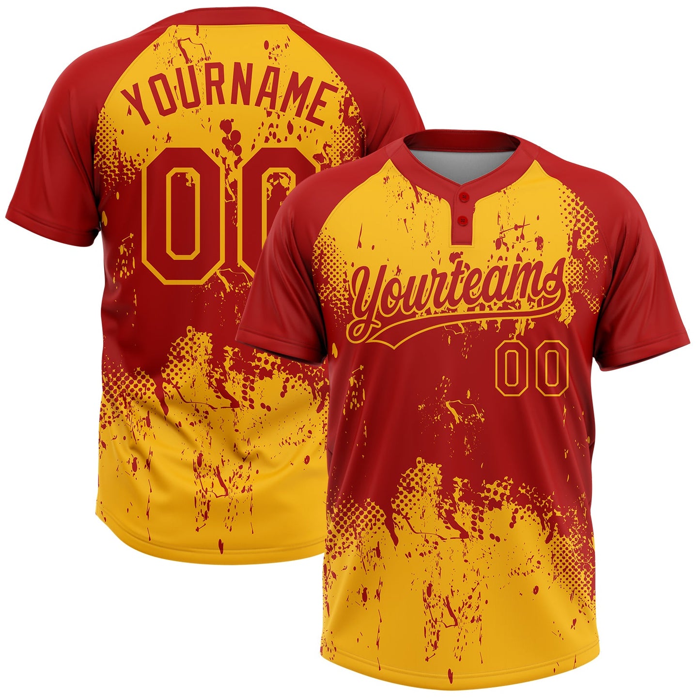 Custom Red Gold 3D Pattern Abstract Splatter Grunge Art Two-Button Unisex Softball Jersey - Main View