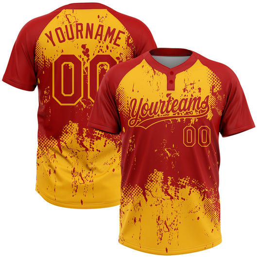 Custom Red Gold 3D Pattern Abstract Splatter Grunge Art Two-Button Unisex Softball Jersey - Main View