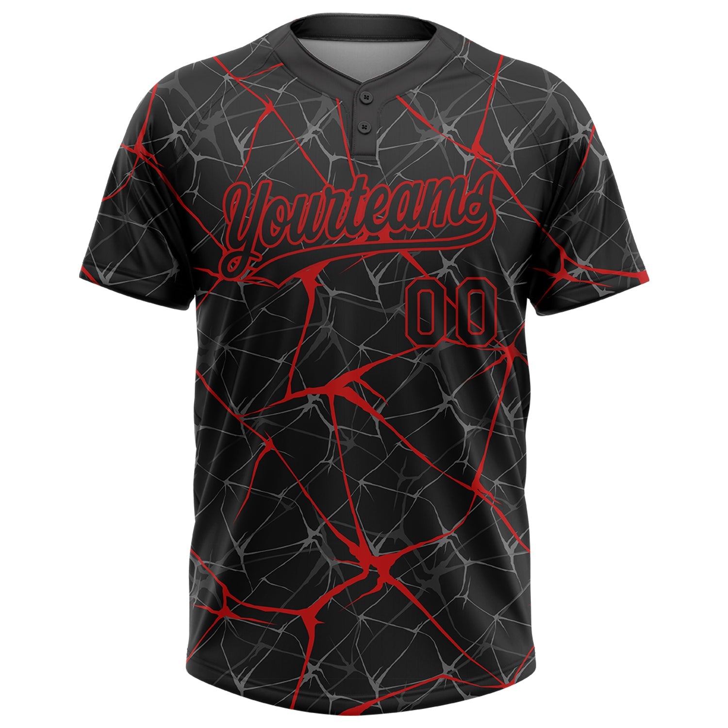 Custom Black Red 3D Pattern Abstract Network Two-Button Unisex Softball Jersey view 2
