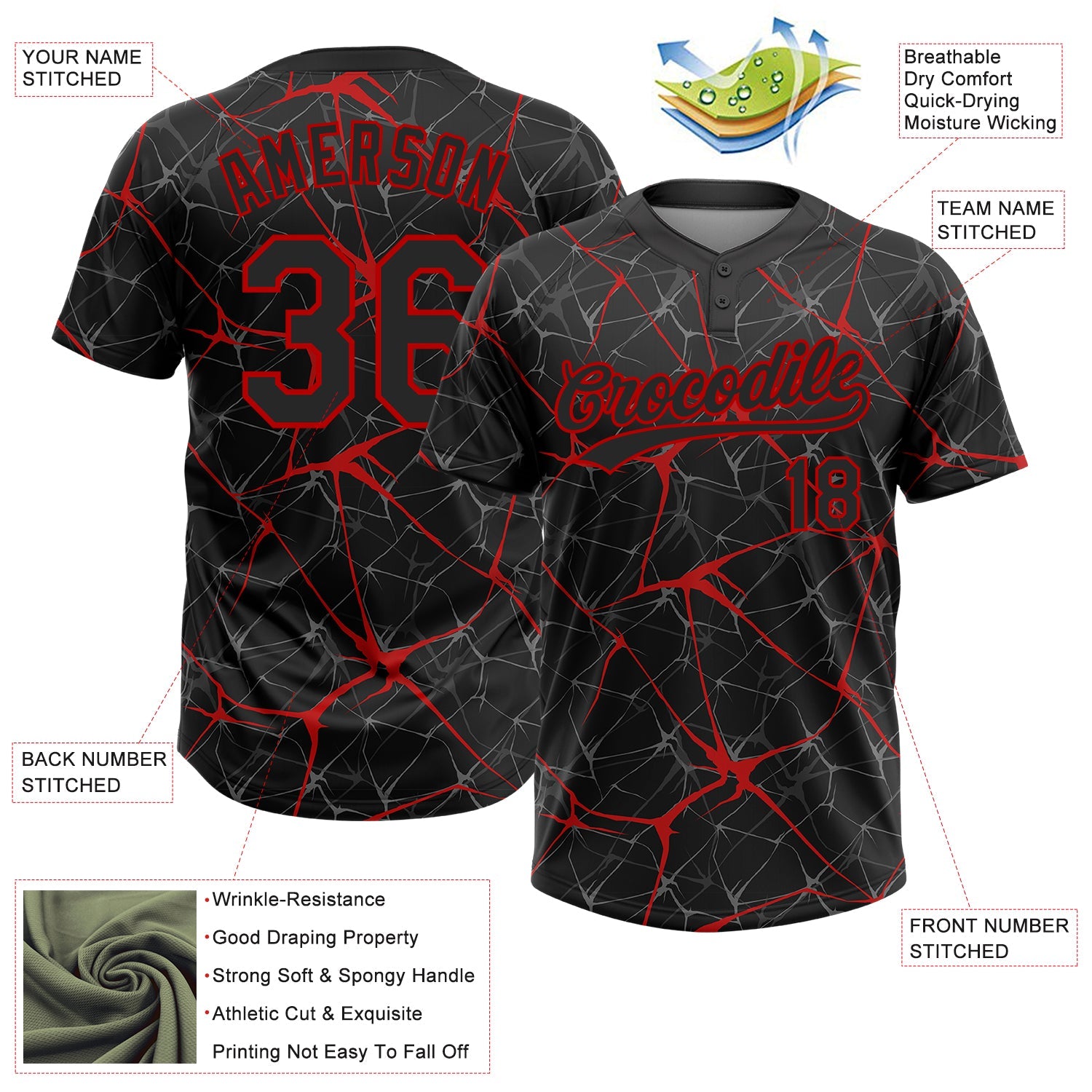 Custom Black Red 3D Pattern Abstract Network Two-Button Unisex Softball Jersey view 3