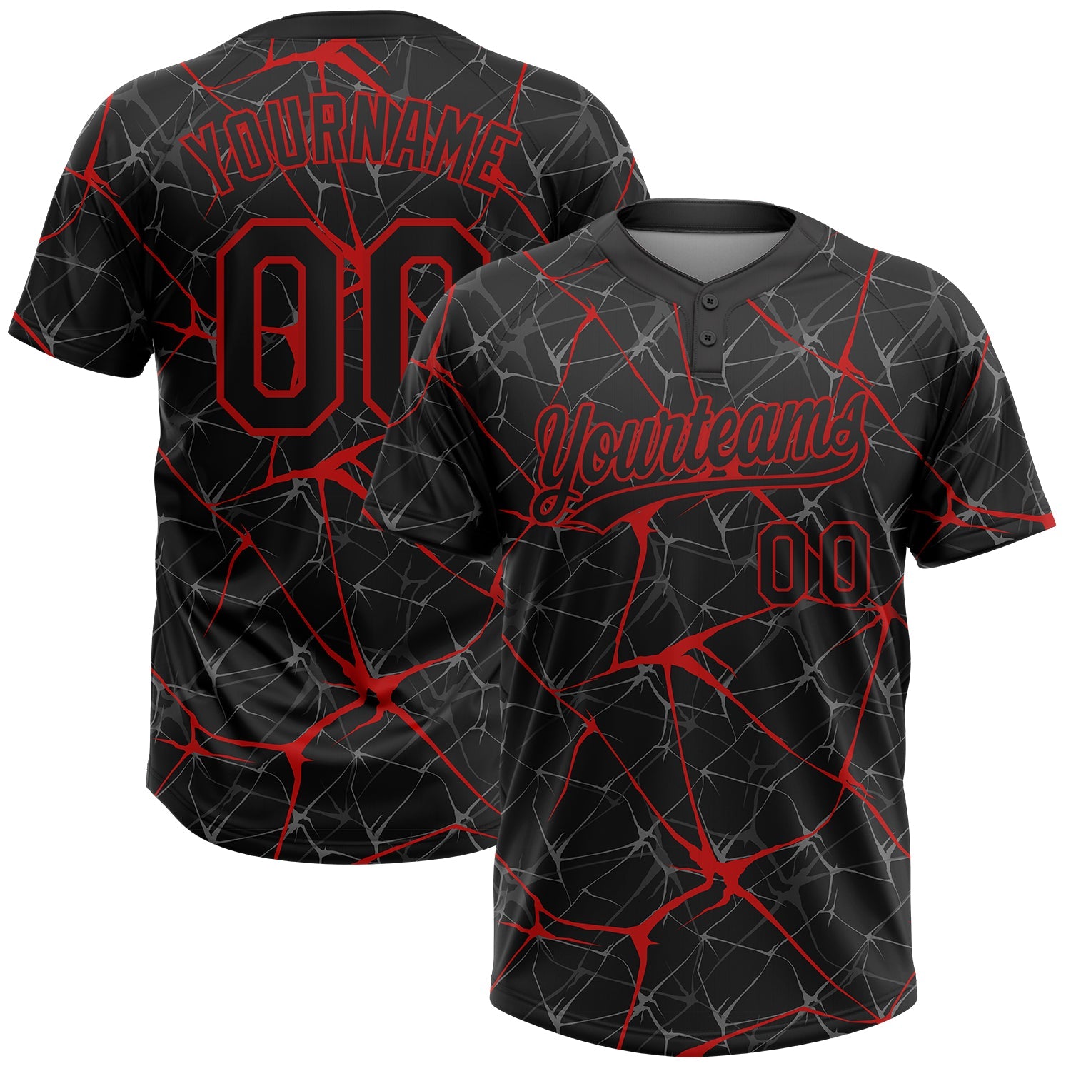 Custom Black Red 3D Pattern Abstract Network Two-Button Unisex Softball Jersey - Main View