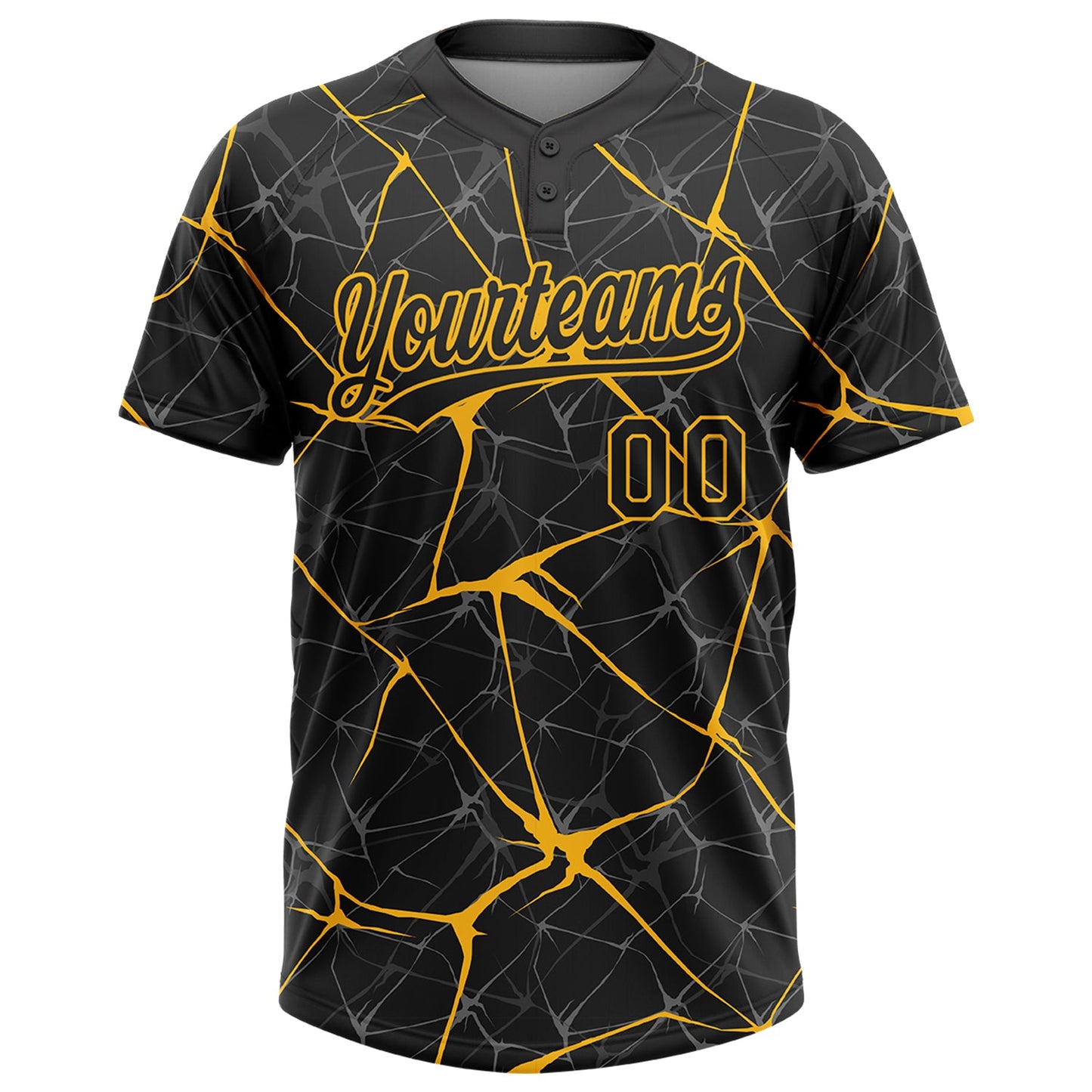 Custom Black Gold 3D Pattern Abstract Network Two-Button Unisex Softball Jersey view 2