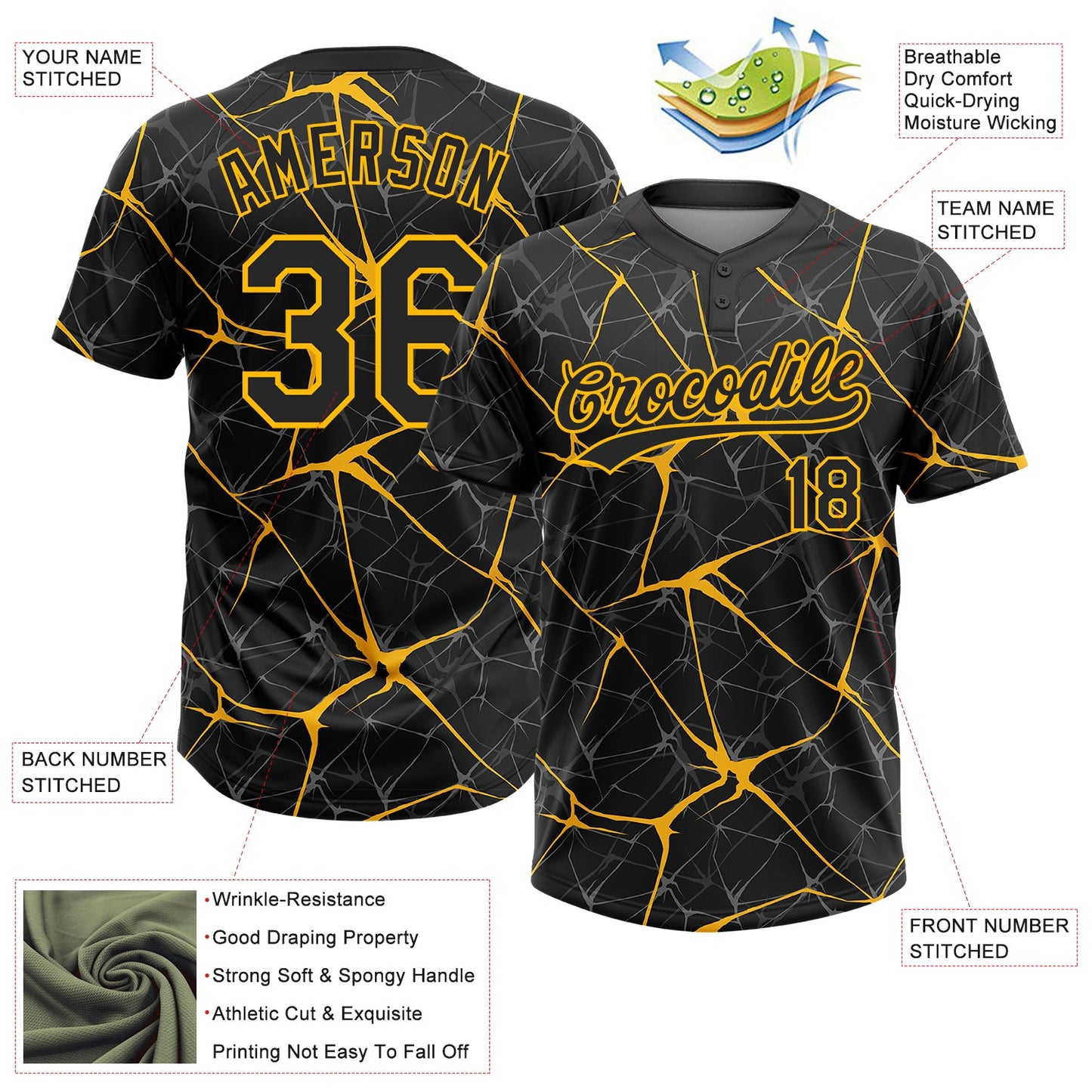 Custom Black Gold 3D Pattern Abstract Network Two-Button Unisex Softball Jersey view 3
