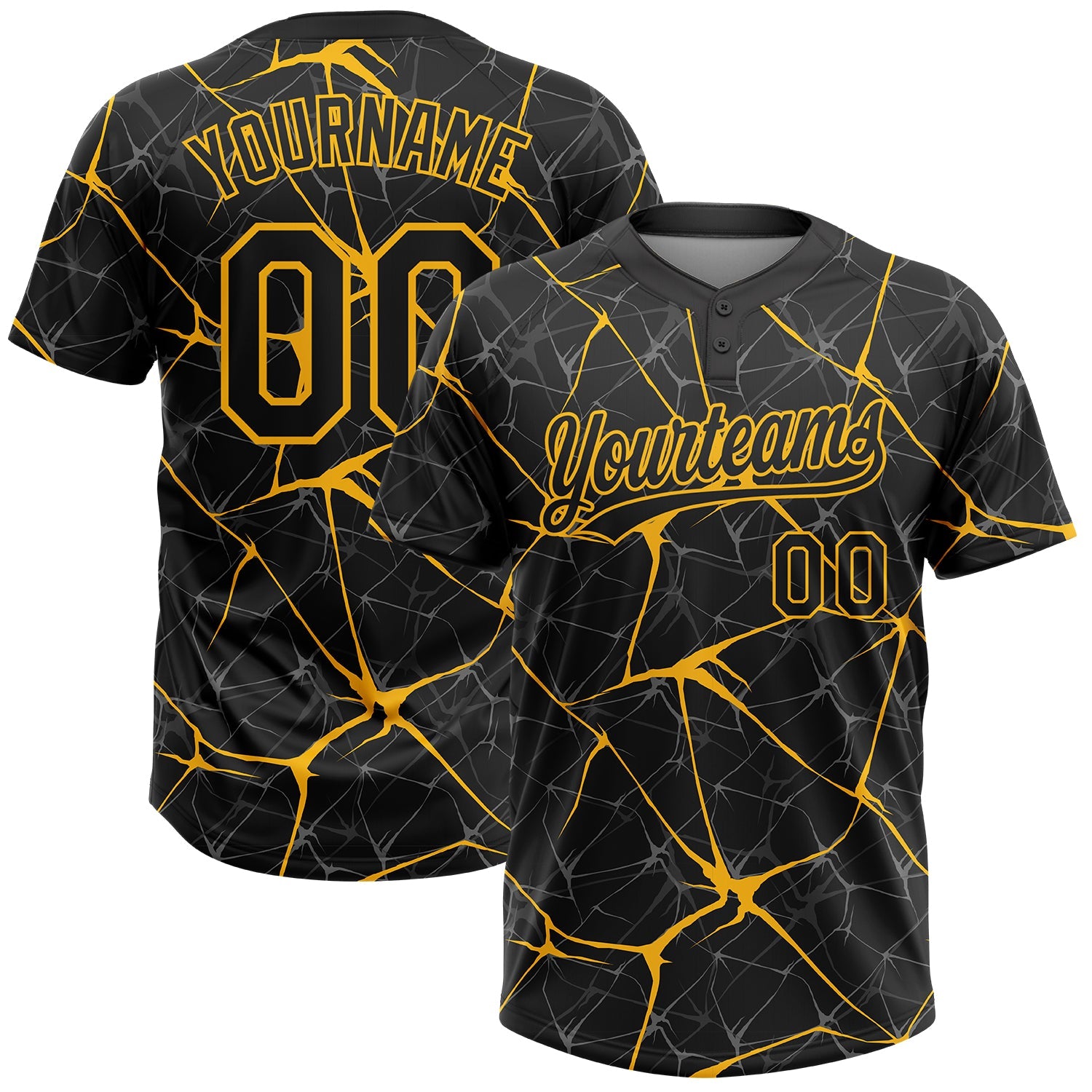 Custom Black Gold 3D Pattern Abstract Network Two-Button Unisex Softball Jersey - Main View