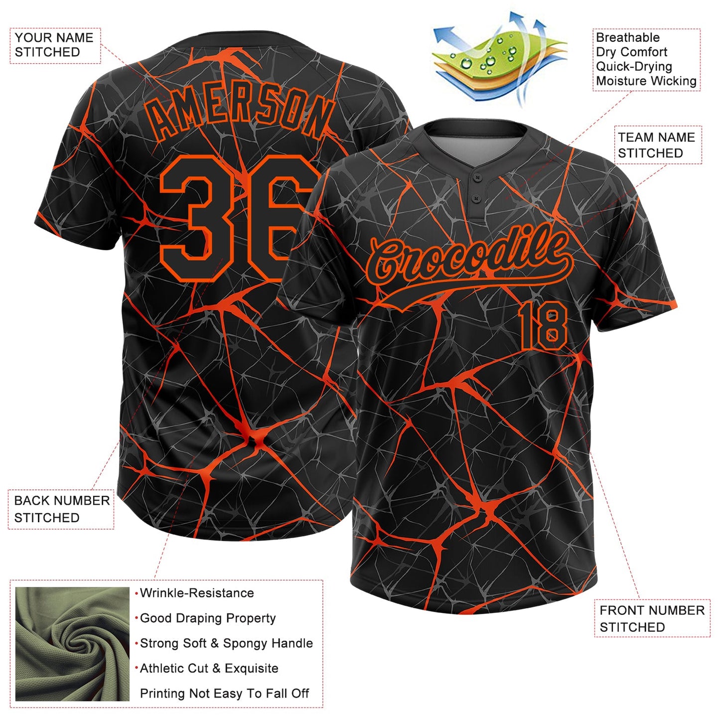 Custom Black Orange 3D Pattern Abstract Network Two-Button Unisex Softball Jersey view 3