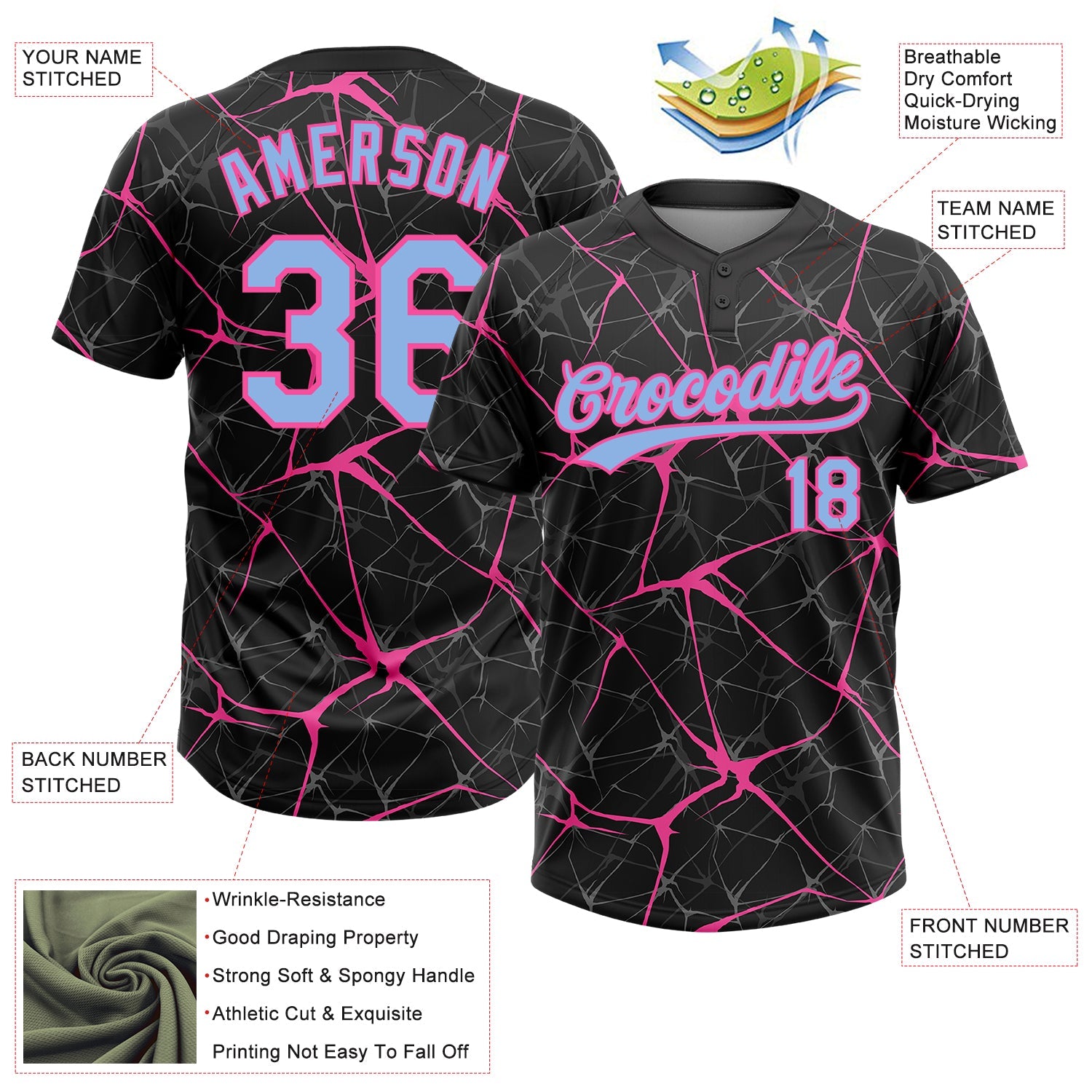 Custom Black Light Blue-Pink 3D Pattern Abstract Network Two-Button Unisex Softball Jersey view 3