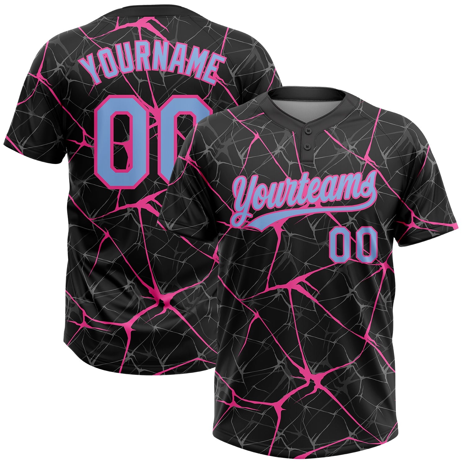 Custom Black Light Blue-Pink 3D Pattern Abstract Network Two-Button Unisex Softball Jersey - Main View
