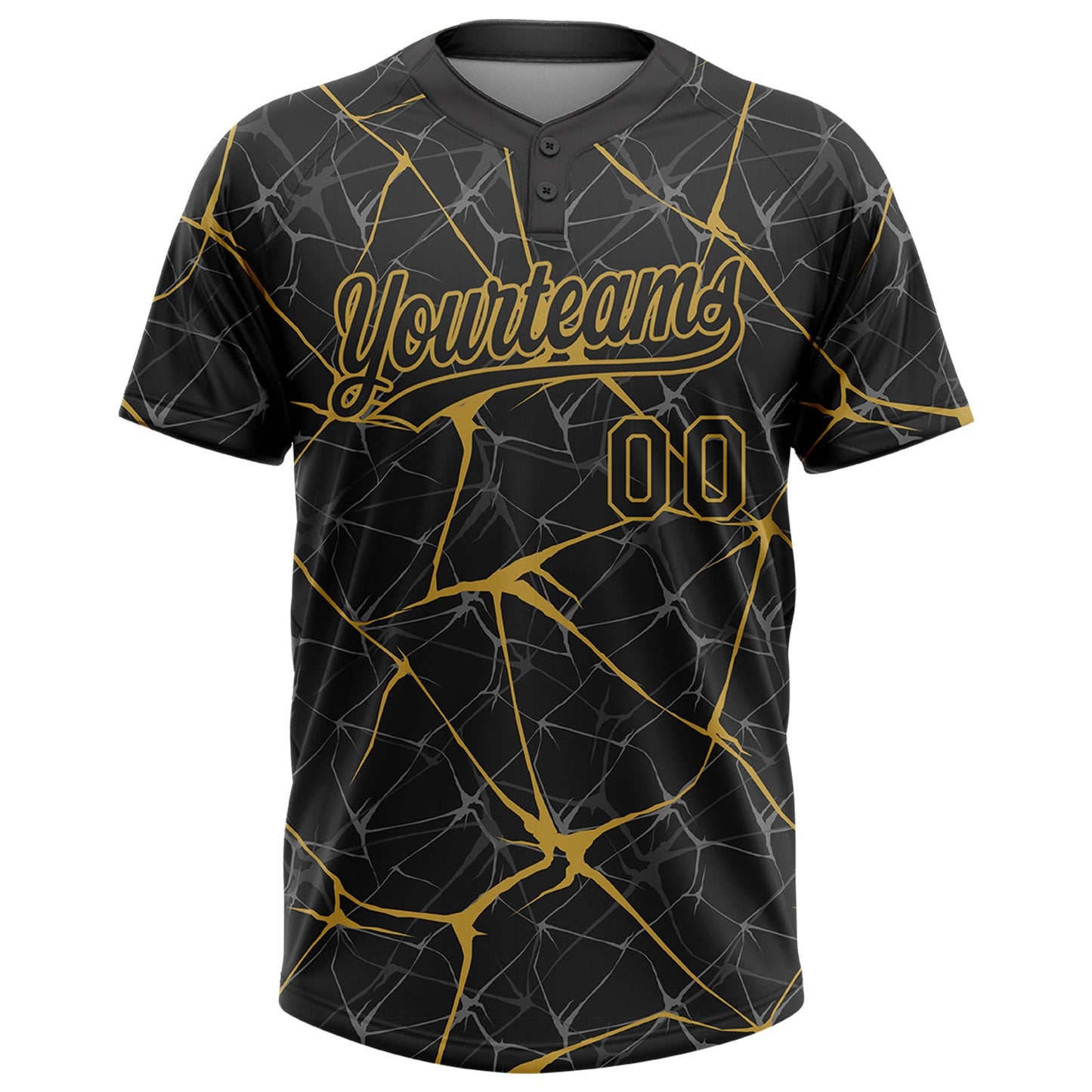 Custom Black Old Gold 3D Pattern Abstract Network Two-Button Unisex Softball Jersey view 2