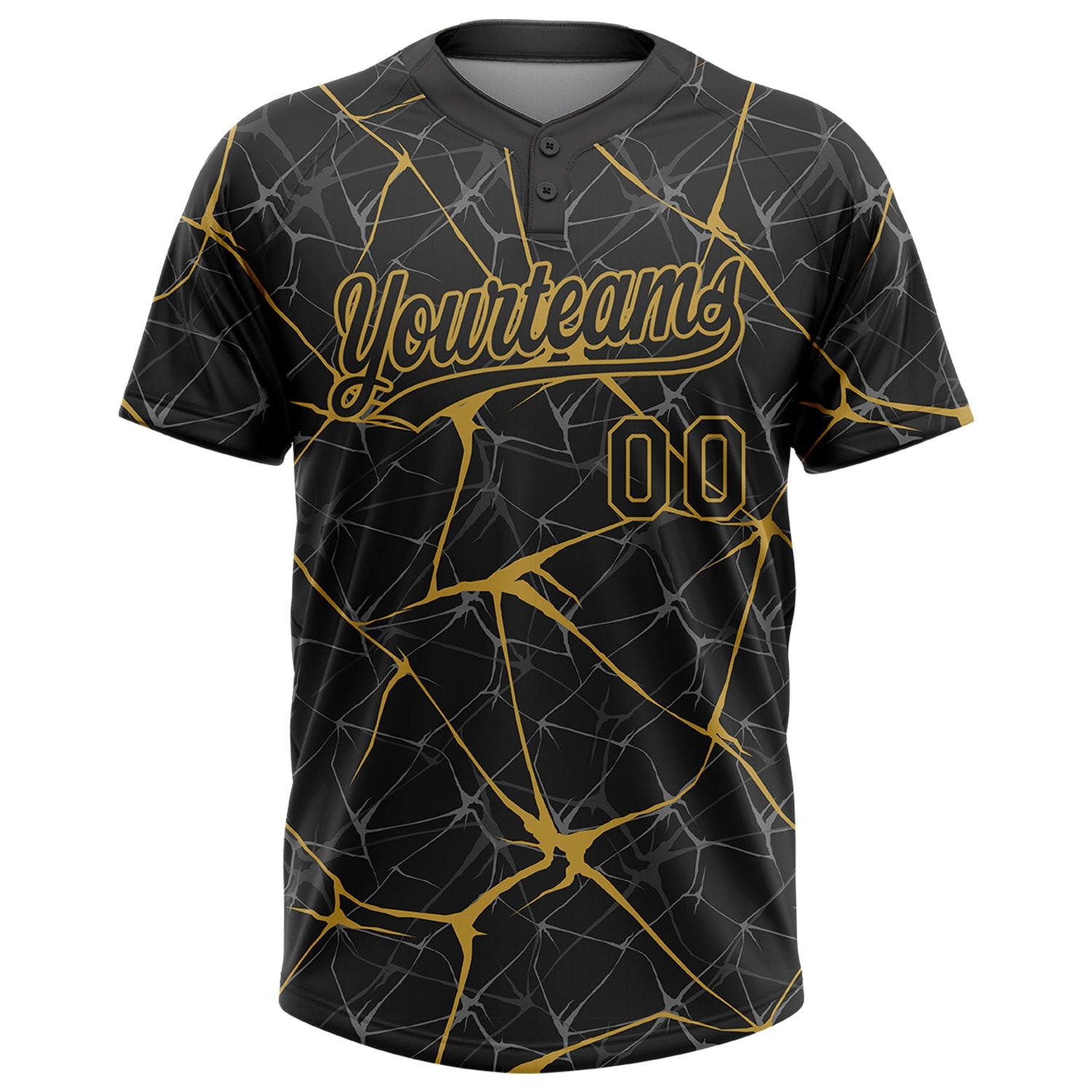 Custom Black Old Gold 3D Pattern Abstract Network Two-Button Unisex Softball Jersey view 2