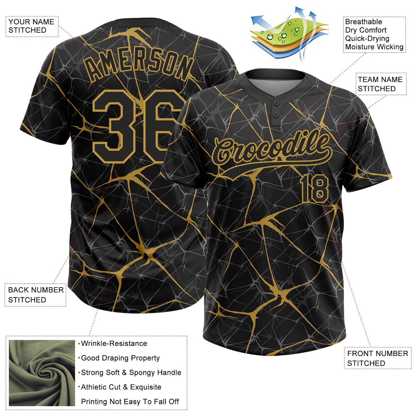 Custom Black Old Gold 3D Pattern Abstract Network Two-Button Unisex Softball Jersey view 3