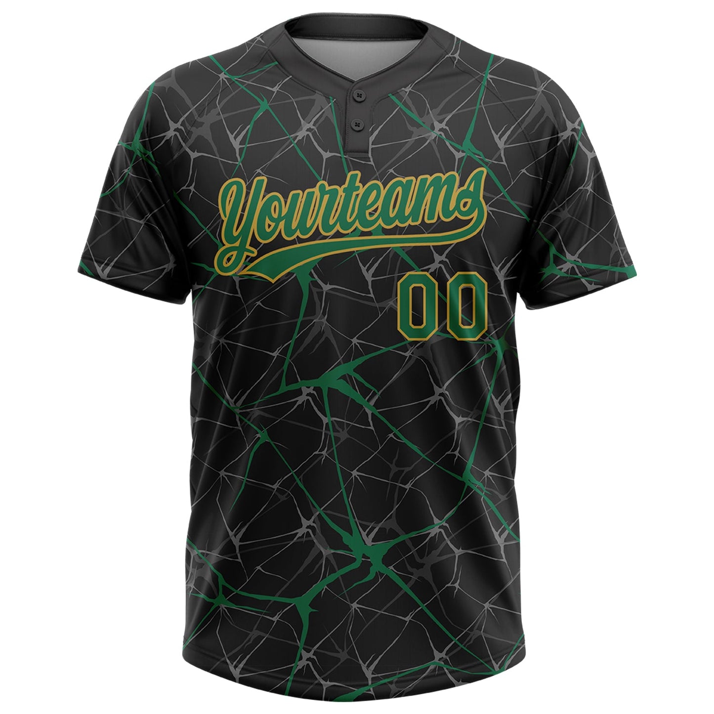 Custom Black Kelly Green-Old Gold 3D Pattern Abstract Network Two-Button Unisex Softball Jersey view 2