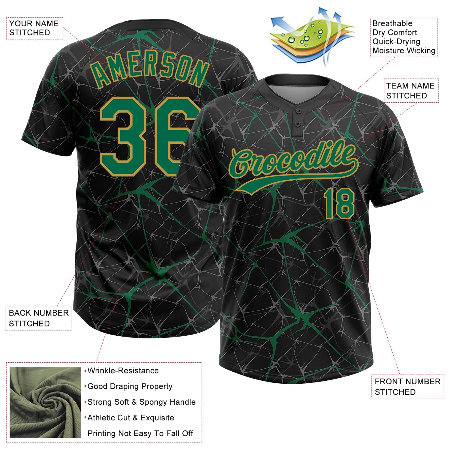 Custom Black Kelly Green-Old Gold 3D Pattern Abstract Network Two-Button Unisex Softball Jersey view 3