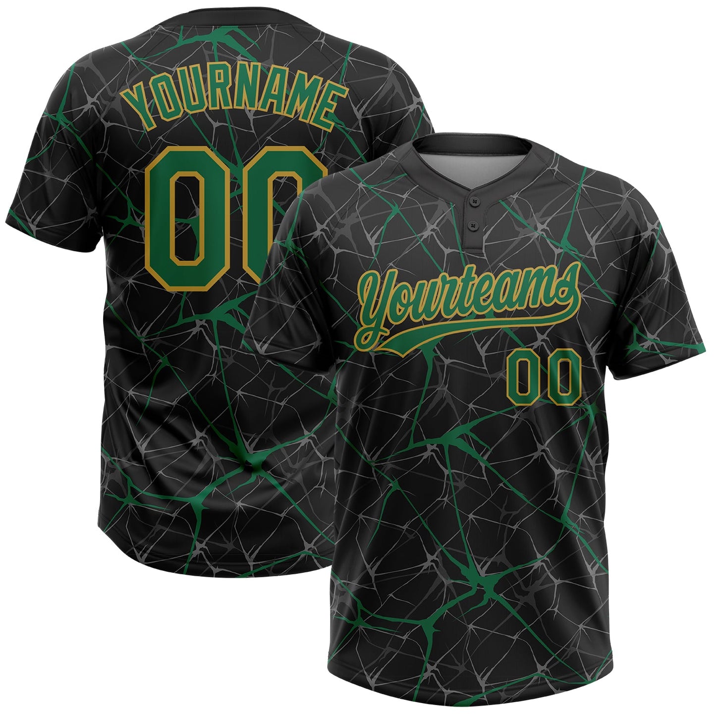 Custom Black Kelly Green-Old Gold 3D Pattern Abstract Network Two-Button Unisex Softball Jersey - Main View