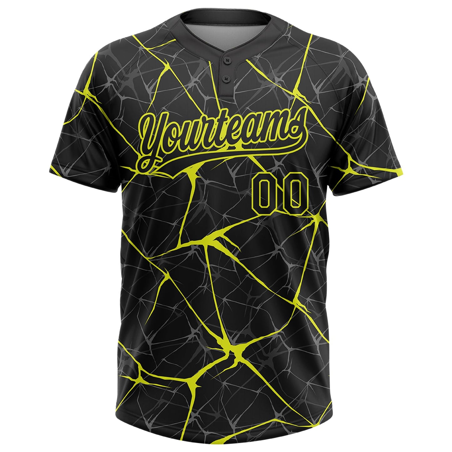 Custom Black Neon Yellow 3D Pattern Abstract Network Two-Button Unisex Softball Jersey view 2