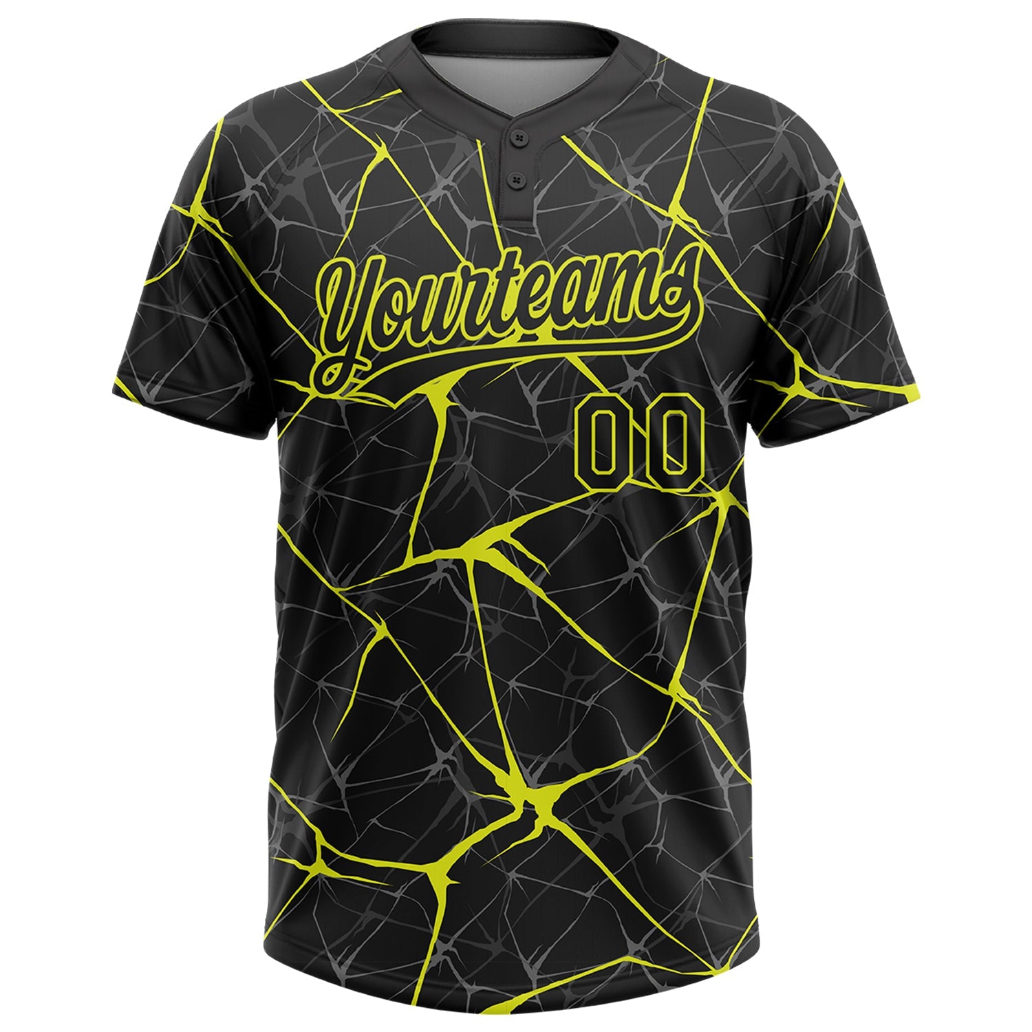 Custom Black Neon Yellow 3D Pattern Abstract Network Two-Button Unisex Softball Jersey view 2