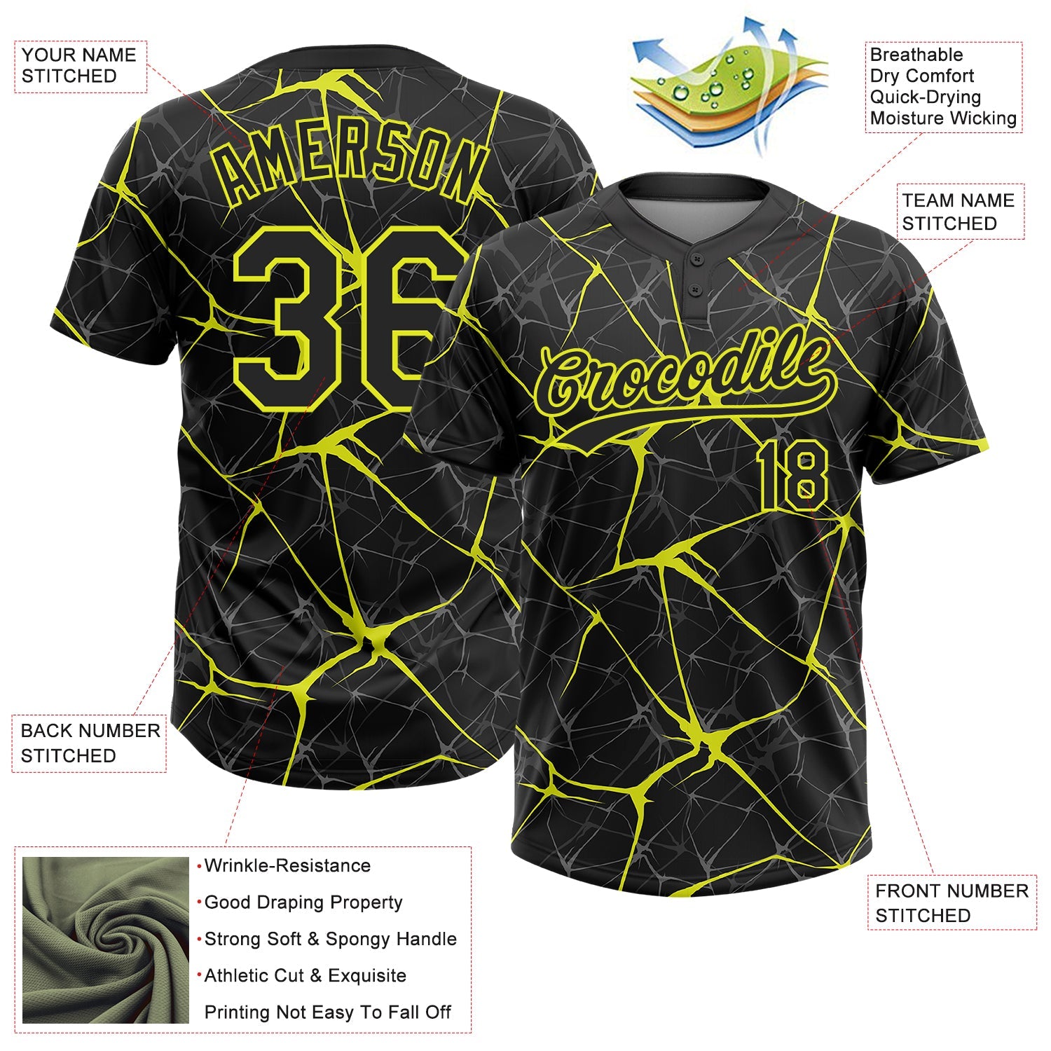 Custom Black Neon Yellow 3D Pattern Abstract Network Two-Button Unisex Softball Jersey view 3
