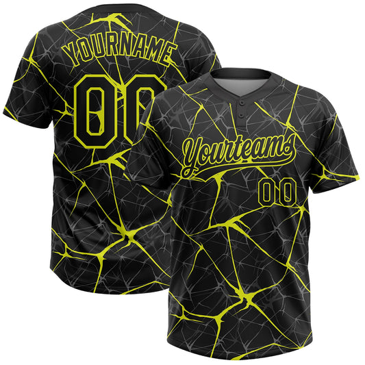 Custom Black Neon Yellow 3D Pattern Abstract Network Two-Button Unisex Softball Jersey - Main View